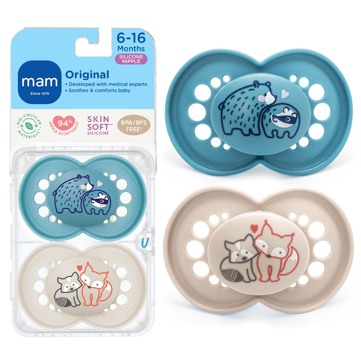 MAM Original Baby Pacifier 6-16 Mths, Skin Soft Silicone Nipple, 4 Pack