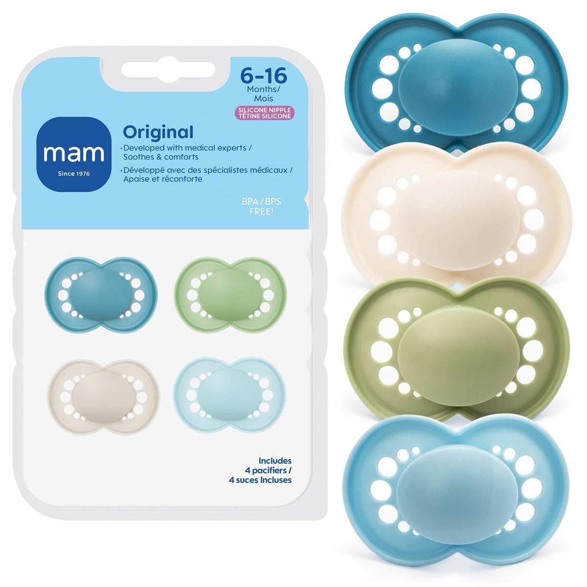 MAM Original Baby Pacifier 6-16 Mths, Skin Soft Silicone Nipple, 4 Pack