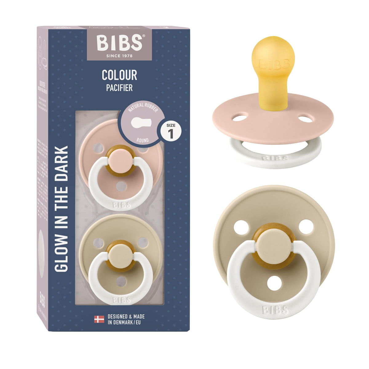 BIBS Pacifiers Colour Collection | Natural Rubber Baby Pacifier | Round Nipple | Set of 2 BPA-Free Soothers | Made in Denmark | 0+ Months (Pack of 2) | Sage/Ivory