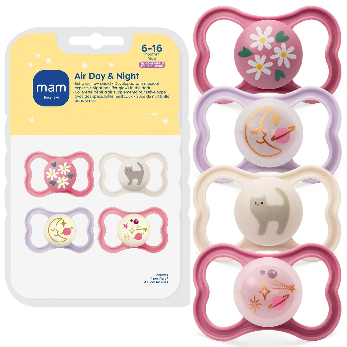 MAM Air Pacifier 6-16 Months, Extra Air Flow for Sensitive Skin, 4 Pack