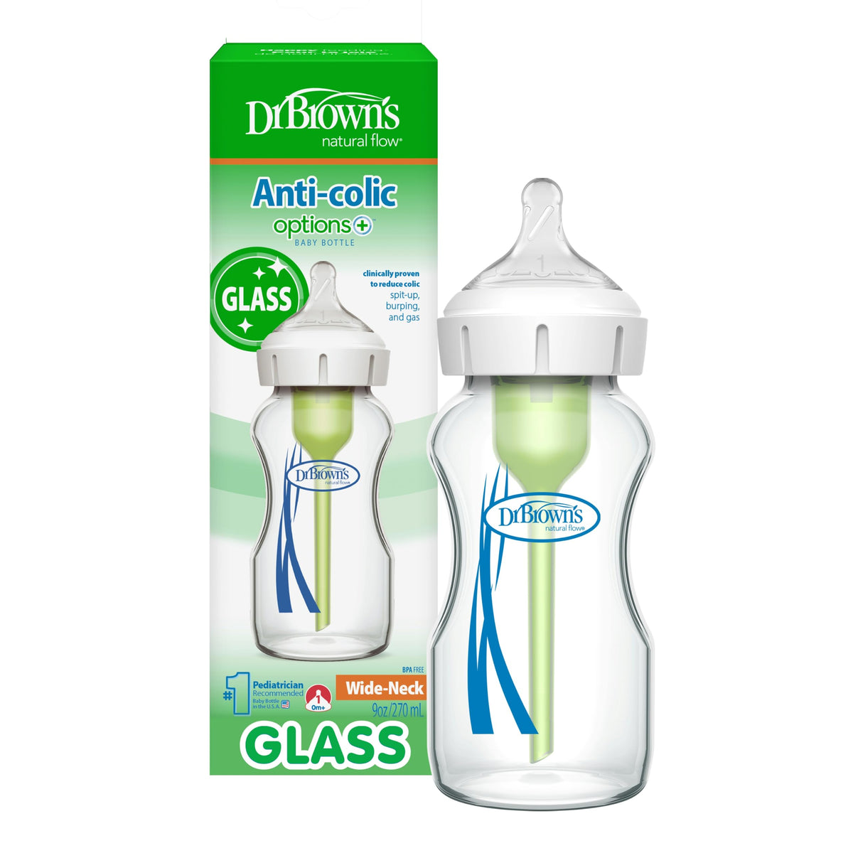 Dr. Brown's Anti-Colic Options+ Wide-Neck Glass Baby Bottle, 5 oz, 3-Pack