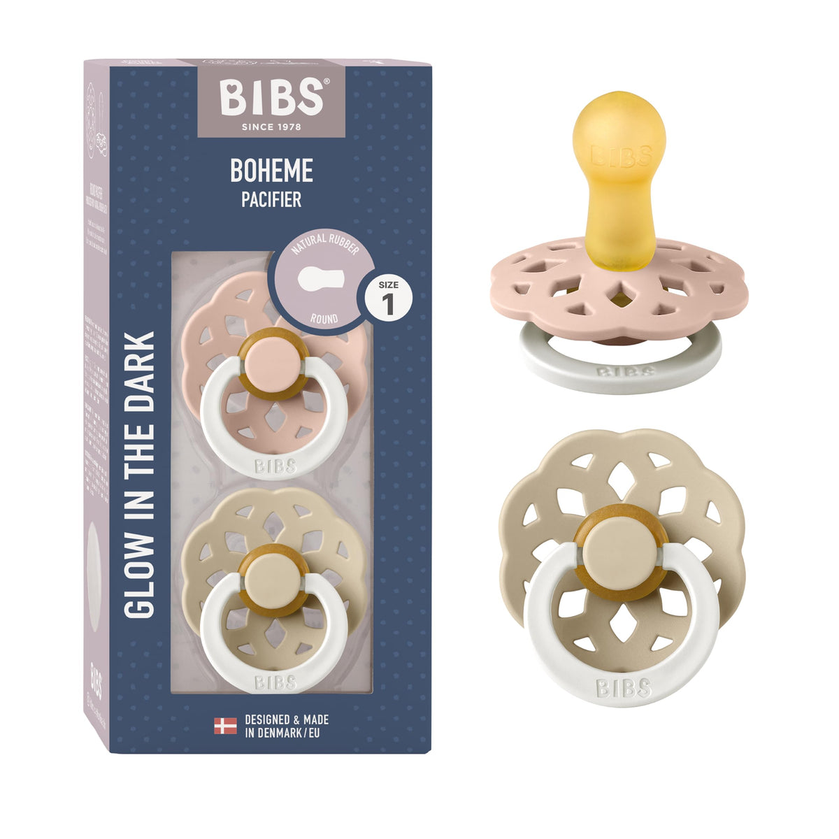 BIBS Pacifiers 6-18 Months | Boheme Collection 2-Pack | BPA-Free Round Nipple | Made in Denmark | Dusty Pink/Elderberry Color Pacifier