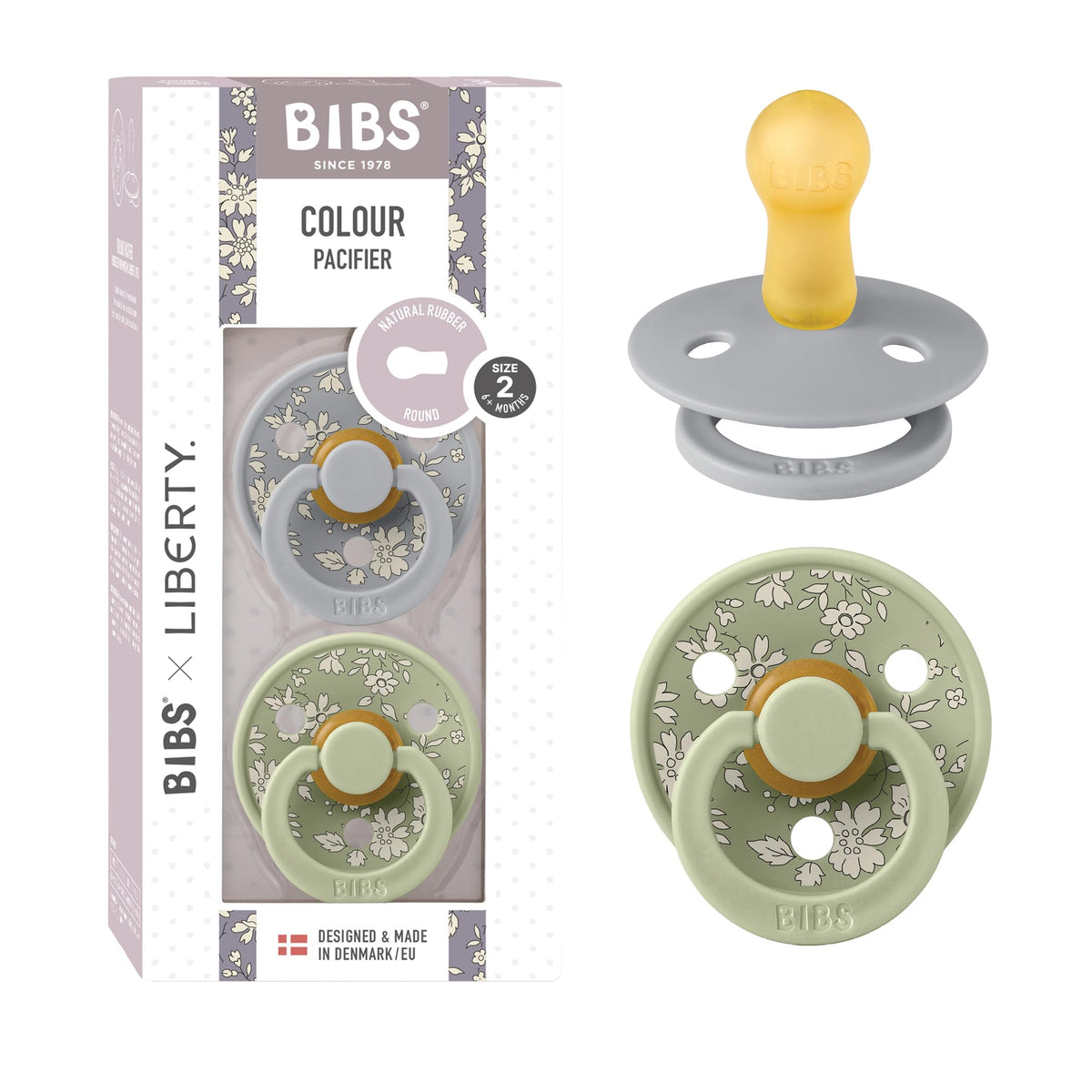 BIBS x Liberty Colour Pacifier, 0-6 Months, 2-Pack, Round, Capel Dusty Blue