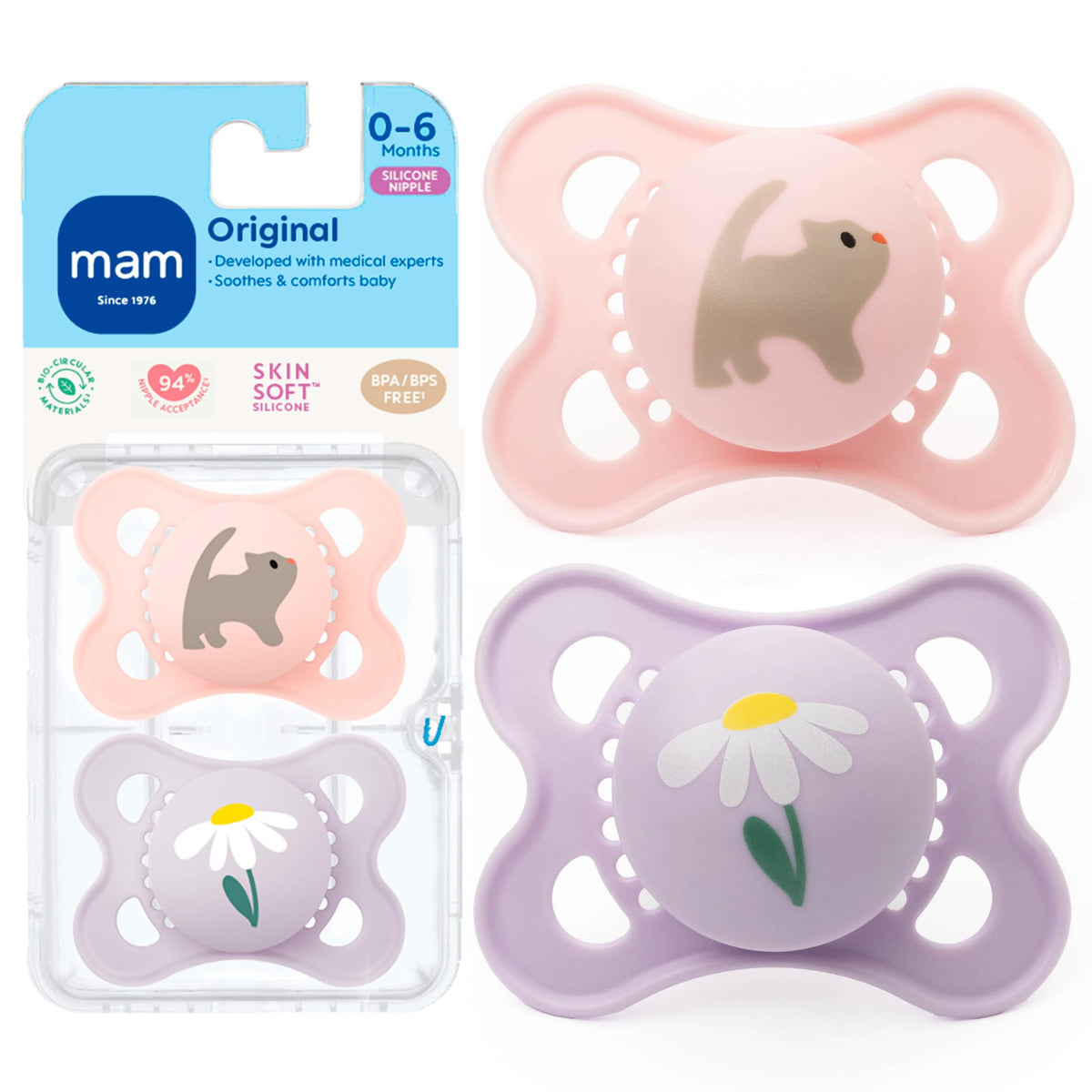 MAM Original Baby Pacifier 0-6 Mths, Skin Soft Silicone Nipple, 4 Pack