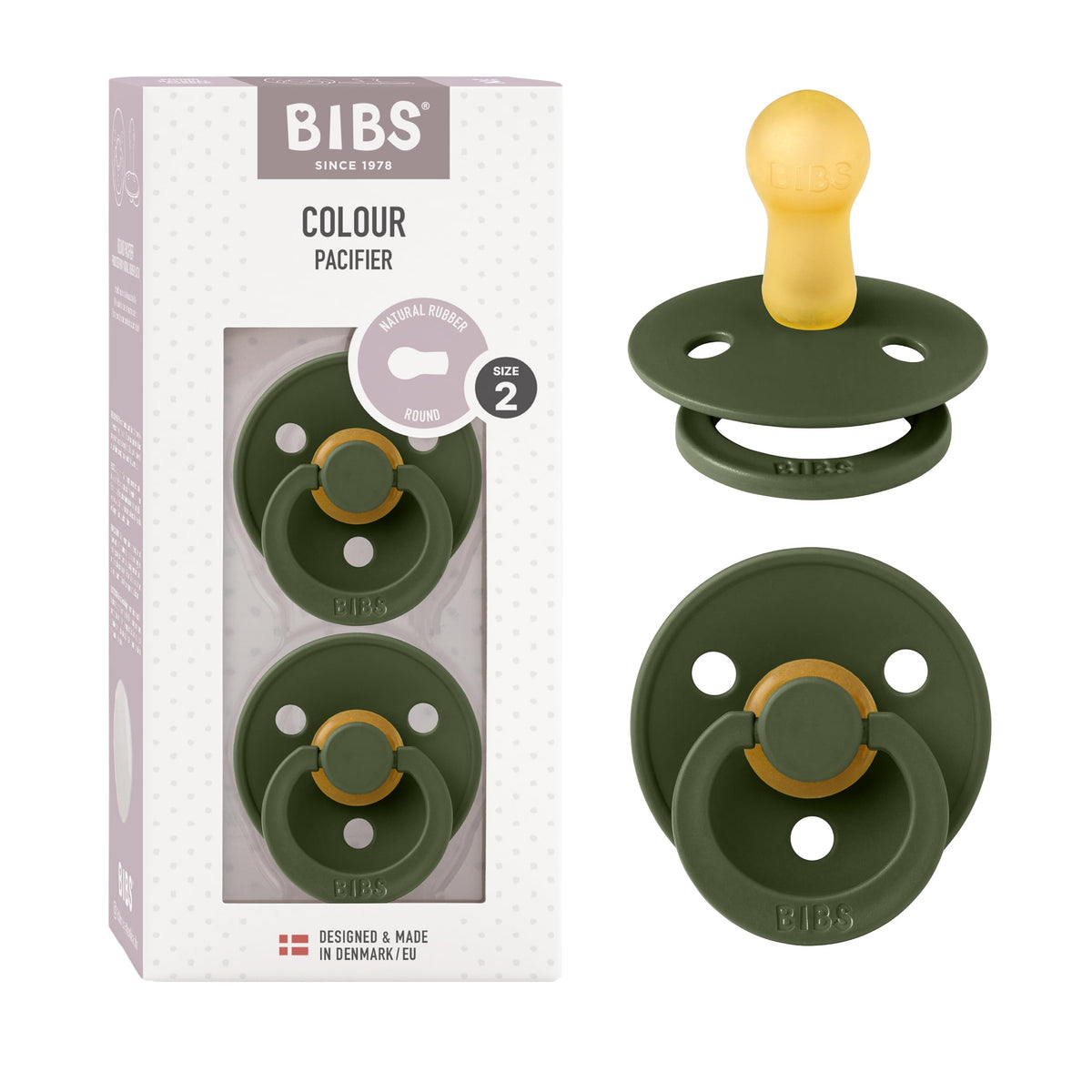 BIBS Pacifiers Colour Collection | Natural Rubber Baby Pacifier | Round Nipple | Set of 2 BPA-Free Soothers | Made in Denmark | 0+ Months (Pack of 2) | Sage/Ivory