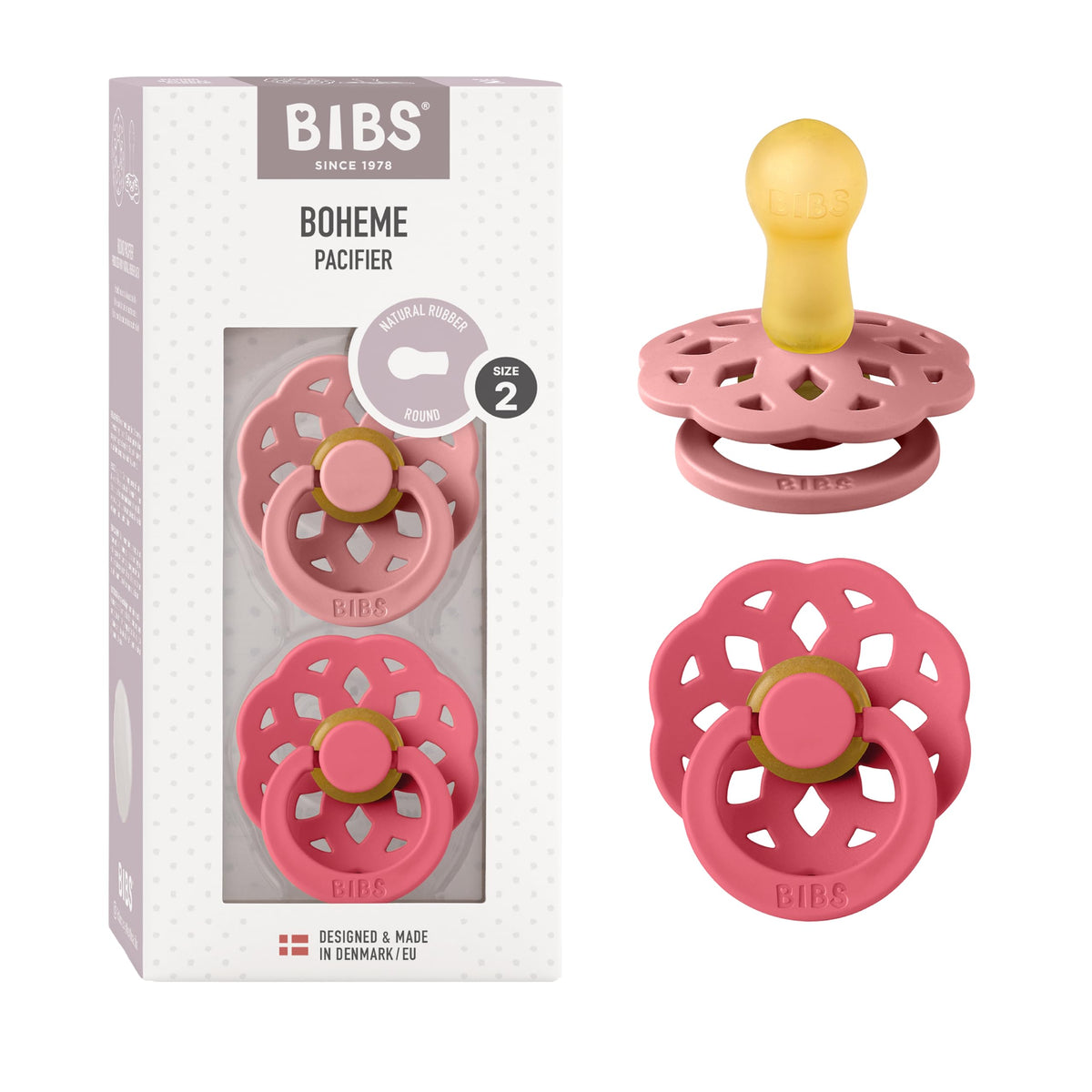 BIBS Pacifiers 6-18 Months | Boheme Collection 2-Pack | BPA-Free Round Nipple | Made in Denmark | Dusty Pink/Elderberry Color Pacifier