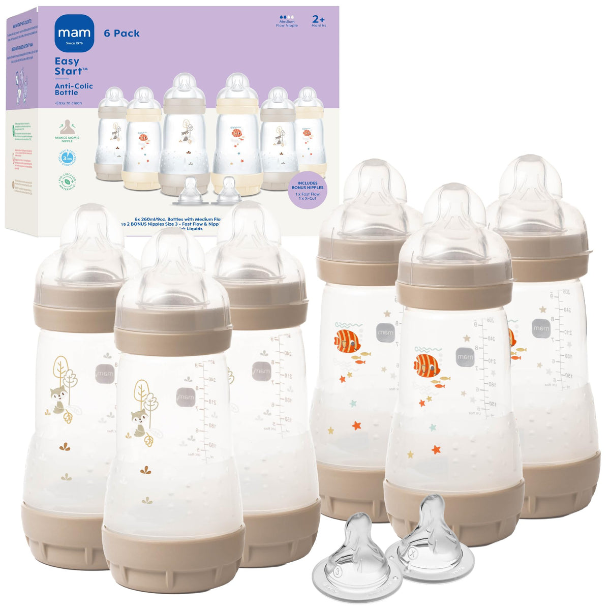 MAM 9oz Easy Start Anti-Colic+ Vented Baby Bottles, 2+ Months, 6 Pack, Girl
