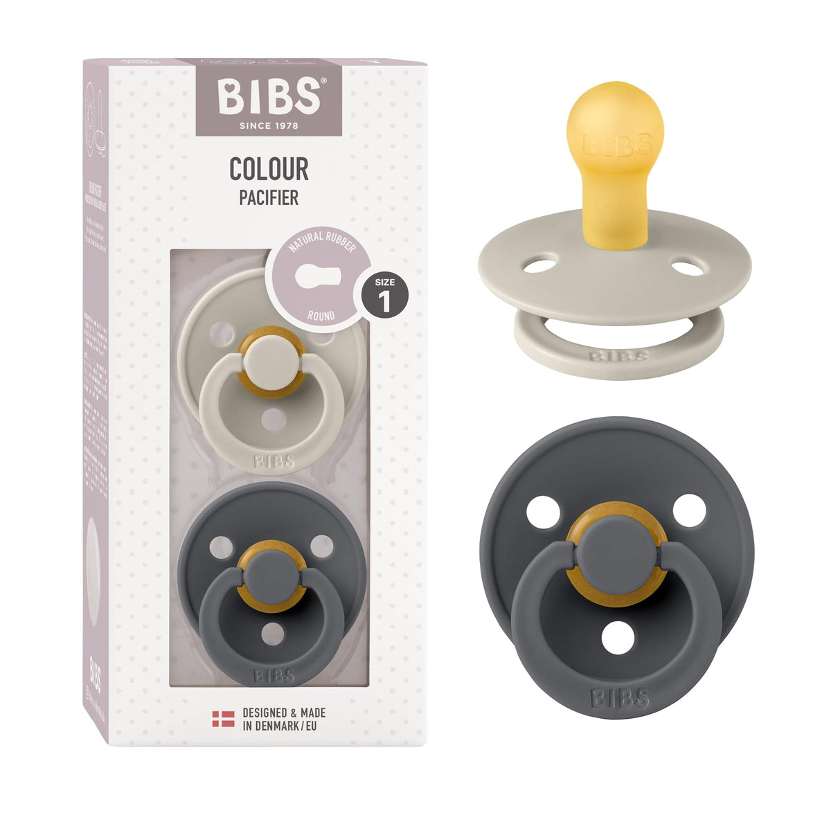BIBS Pacifiers Colour Collection | Natural Rubber Baby Pacifier | Set of 2 BPA-Free Soothers | Made in Denmark | 0+ Months (Pack of 2) | Blush/Ivory