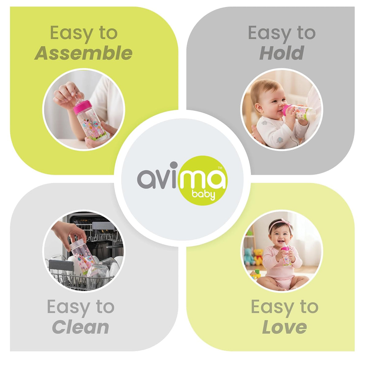 Avima 9 oz Anti Colic Baby Bottles w Medium Flow Nipples, 4-7M (Set of 3)