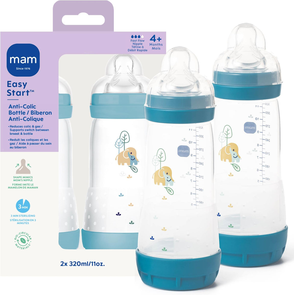MAM 11oz Easy Start Anti-Colic+ Vented Baby Bottle, 4+ Months, 2 Pk, Unisex