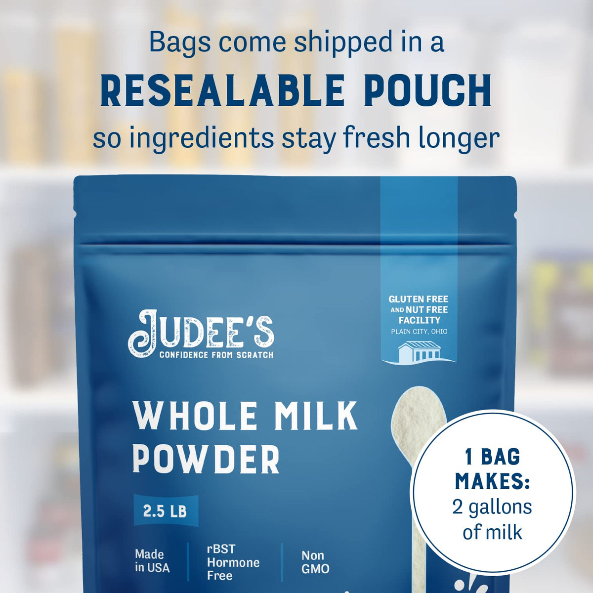 Judee's Gluten Free Whole Milk Powder - Versatile Powdered Milk for Baking - Shelf Stable Dry Mix for Long-Term Storage - 40 oz, Pack of 1