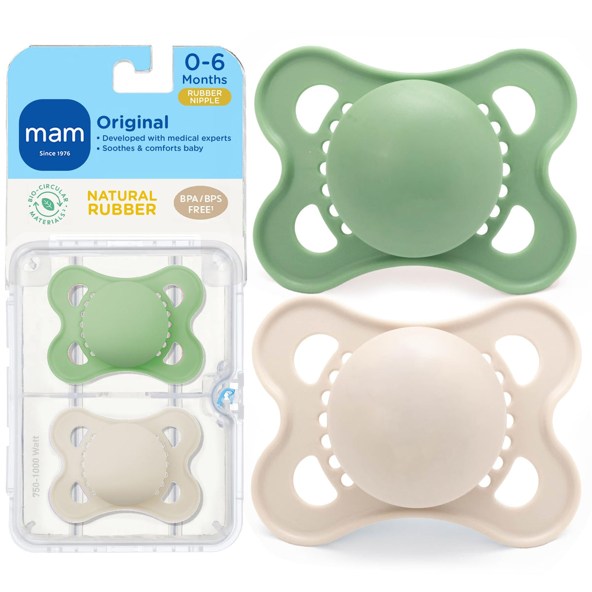 MAM Original Matte Baby Pacifier 6-16 Mths, Natural Latex Nipple, 2 Pk