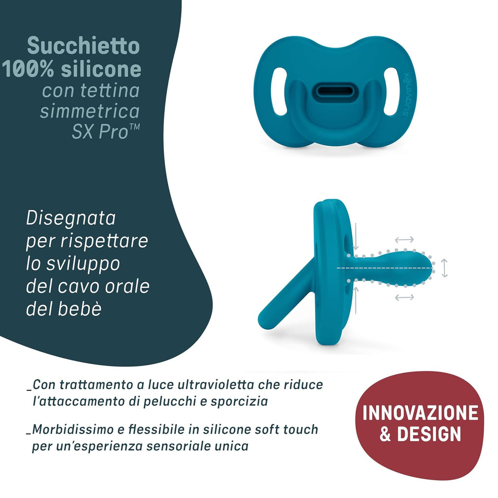 Color Essence SX PRO Silicone Baby Pacifier 2Pk, Made with 100% Soft Silicone, Baby Essentials Perfect for Breastfeeding Babies, Designed in Spain, 0-6 Mths, Ballad Blue/Deep Ocean