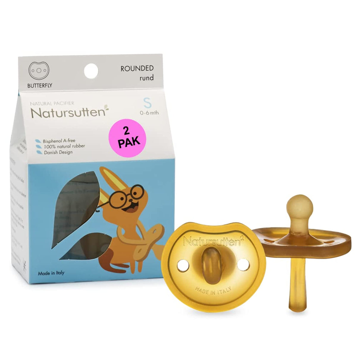 Natursutten 2-Pack Natural Rubber Pacifiers - Safe & Soft BPA-Free Pacifier for Breastfeeding Babies, Made in Italy, Butterfly Shield Orthodontic Nipple, 6-12 Months