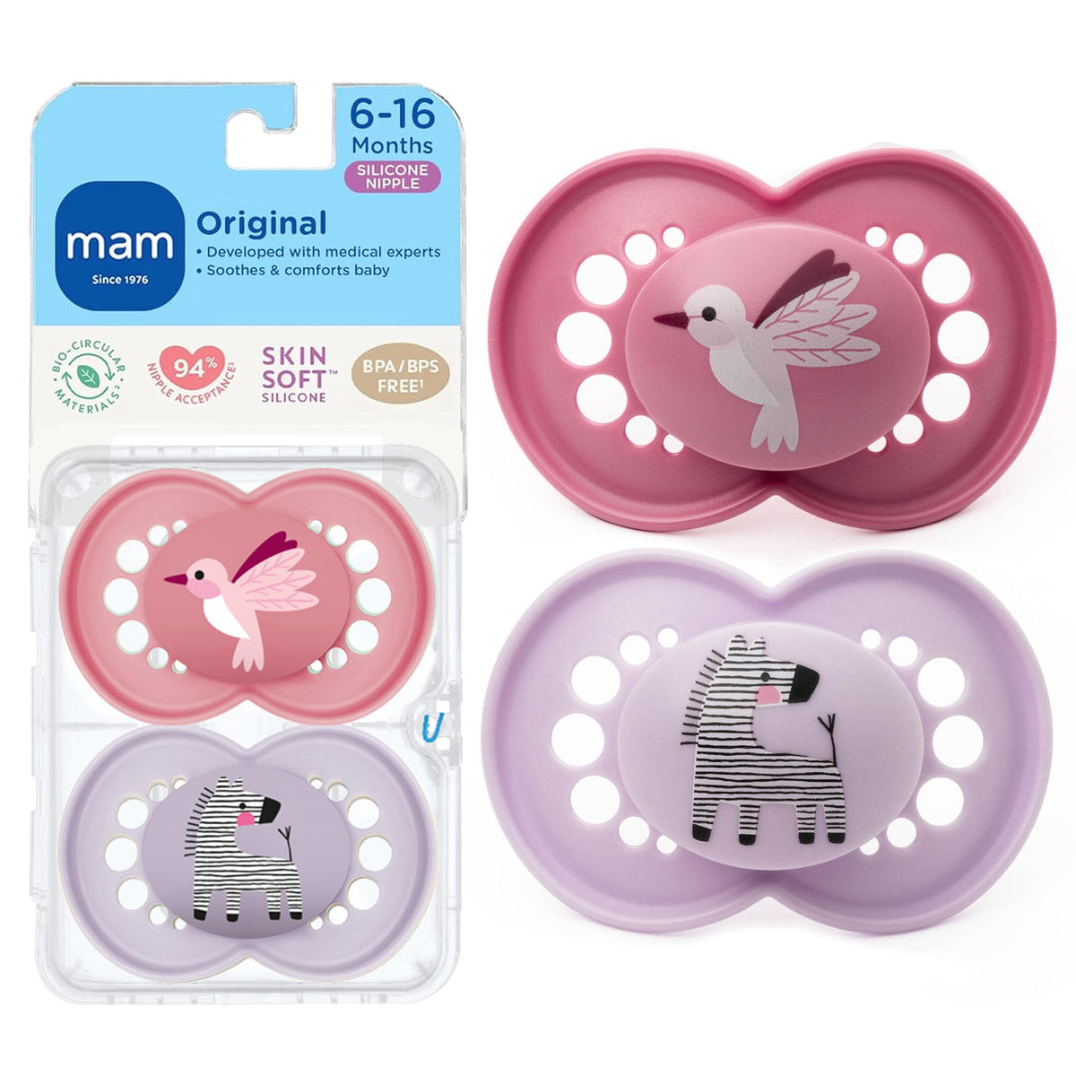 MAM Original Baby Pacifier 6-16 Mths, Skin Soft Silicone Nipple, 4 Pack