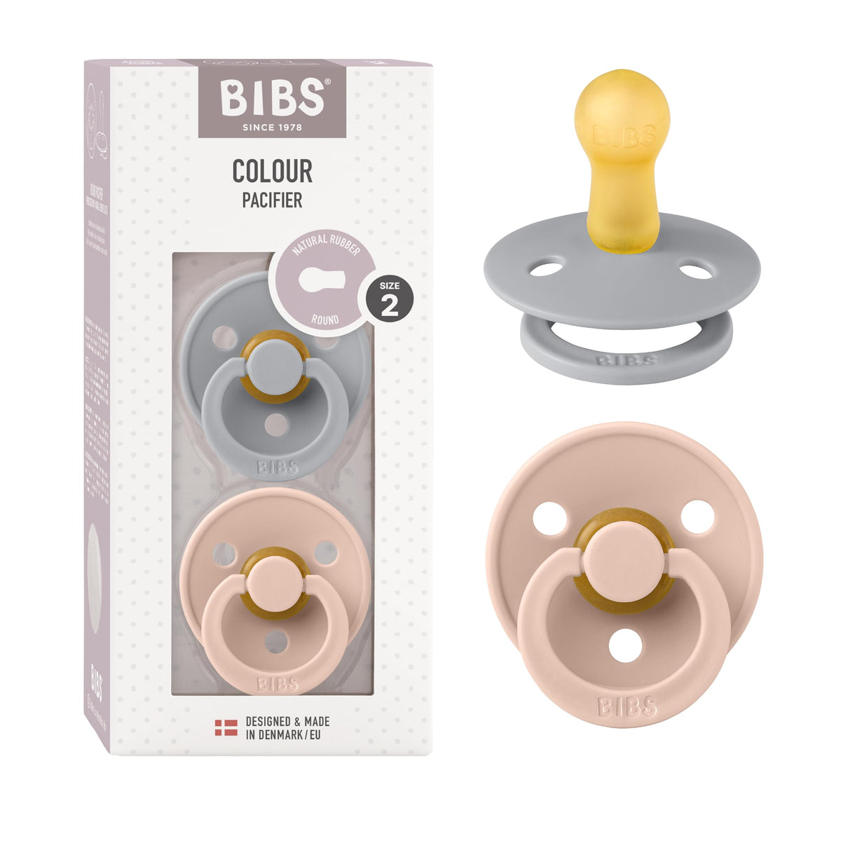 BIBS Pacifiers Colour Collection | Natural Rubber Baby Pacifier | Set of 2 BPA-Free Soothers | Made in Denmark | 0+ Months (Pack of 2) | Blush/Ivory