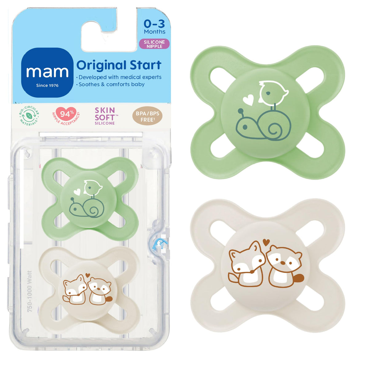 MAM Original Start Baby Pacifiers 0-3 Mths Skin Soft Silicone, 4 Pack