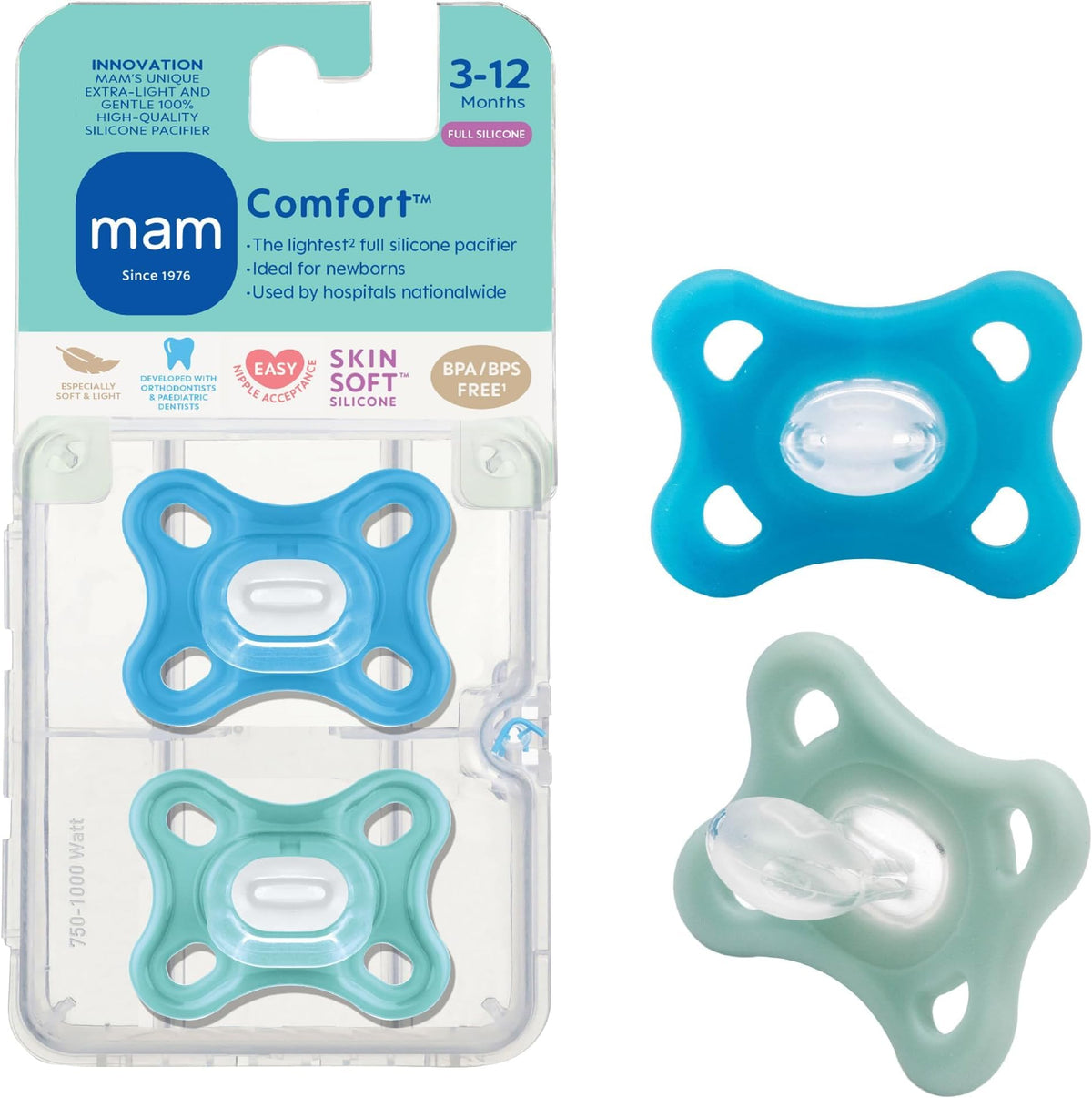 MAM Comfort Baby Pacifier 3-12 Mths Lightweight One-Piece Silicone 4 Pack