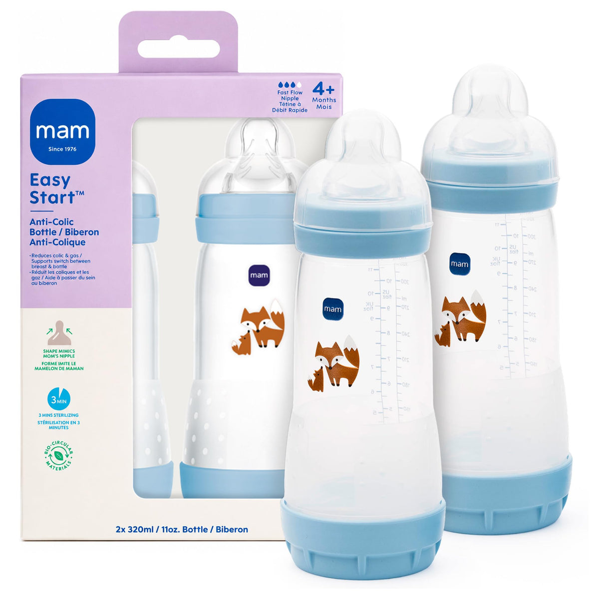 MAM 11oz Easy Start Anti-Colic+ Vented Baby Bottle, 4+ Months, 2 Pk, Unisex