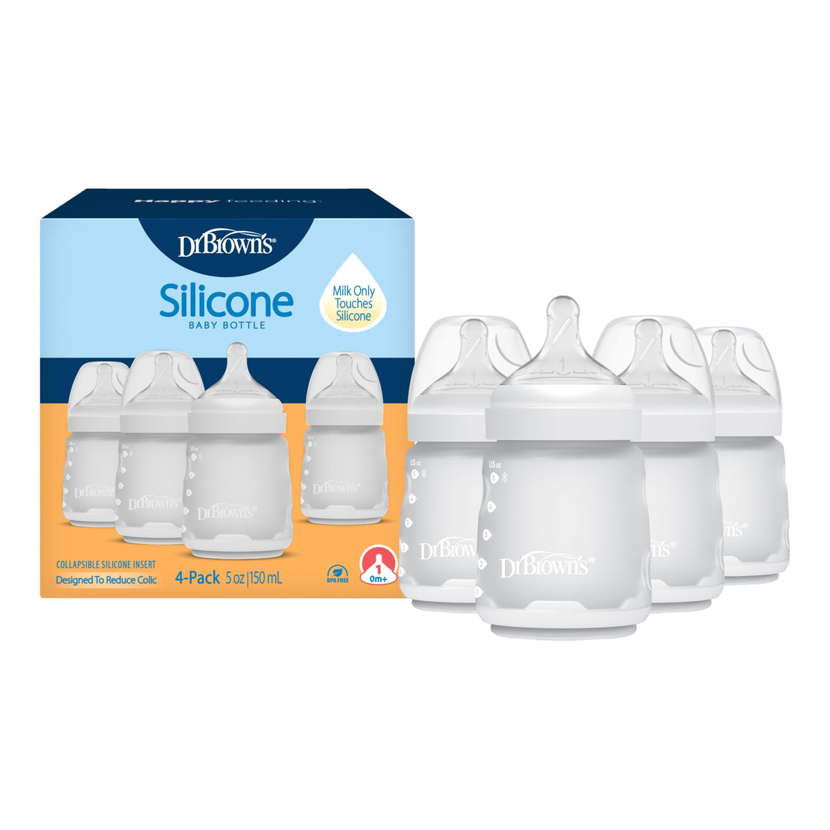Dr. Brown's Silicone Baby Bottle, 5 oz, Level 1 Nipple, 0m+, Blue, 4-Pack