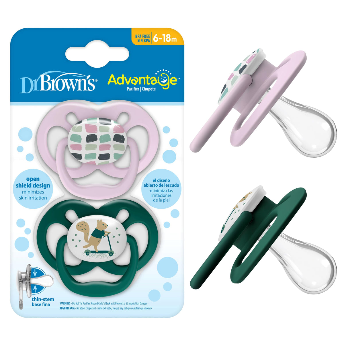 Dr. Brown's Advantage Glow-in-the-Dark Baby Pacifier, Fully Symmetrical Soother with Soft Silicone Bulb, Skateboard Snail-Blue Nature, 6-18m, BPA Free, 4 Pack