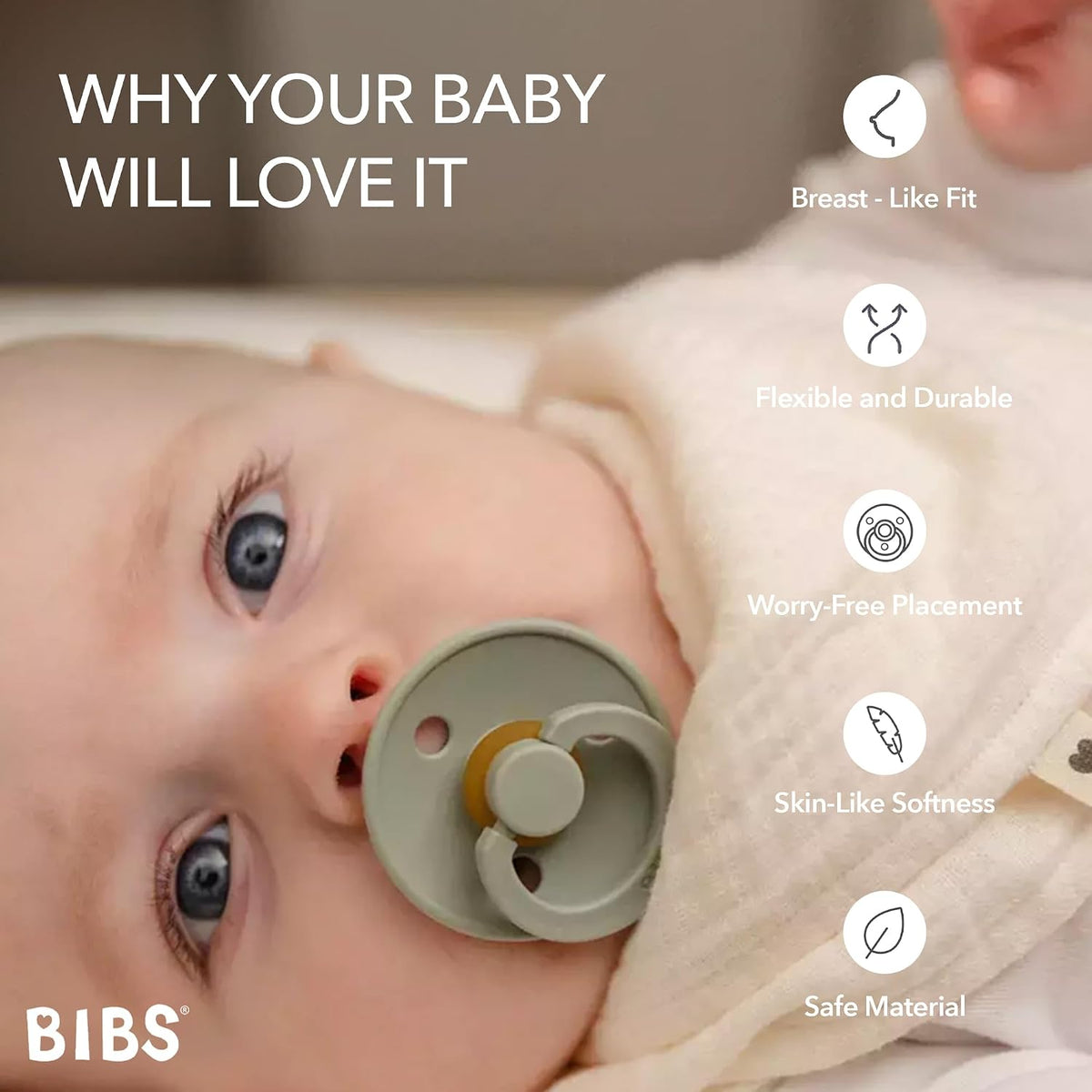 BIBS Pacifiers Colour Collection | Natural Rubber Baby Pacifier | Round Nipple | Set of 2 BPA-Free Soothers | Made in Denmark | 0+ Months (Pack of 2) | Sage/Ivory