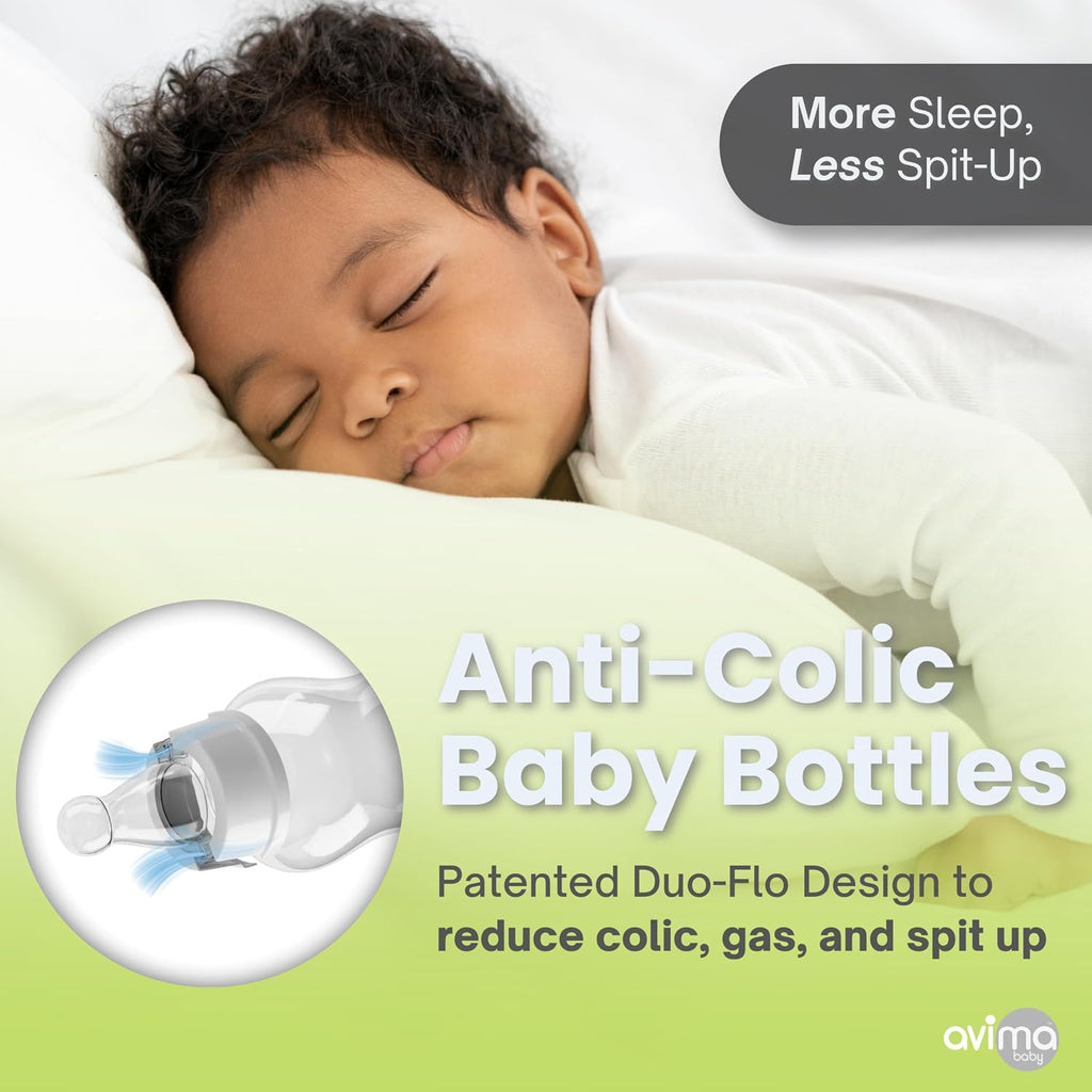 Avima 4 oz Anti Colic Baby Bottles w Slow Flow Nipples. 0-3M (Set of 6)