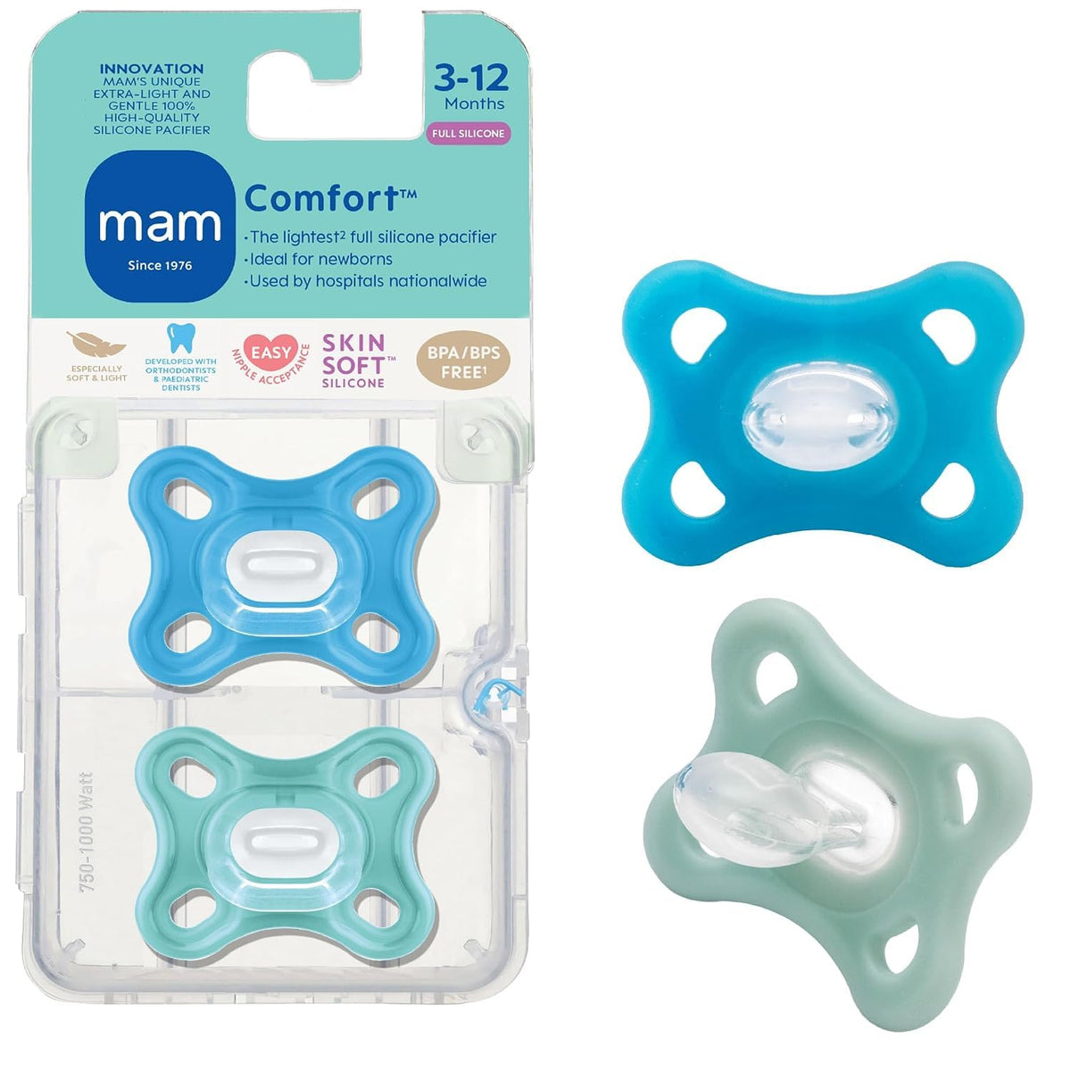 MAM Comfort Baby Pacifier 3-12 Mths Lightweight One-Piece Silicone 4 Pack