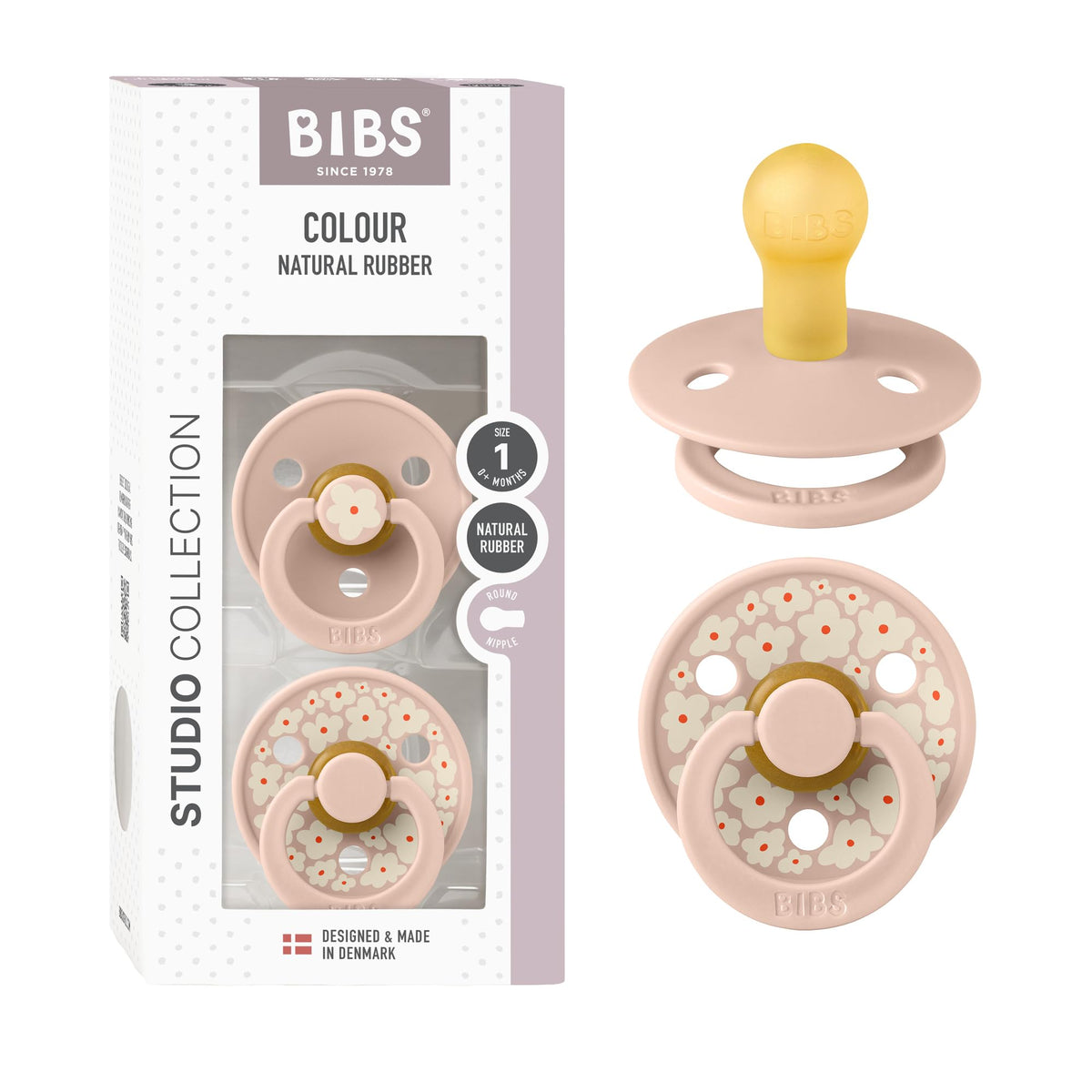 BIBS Colour Pacifier, 6-18 Months, 2-Pack, Round, Block Baby Pink Coral