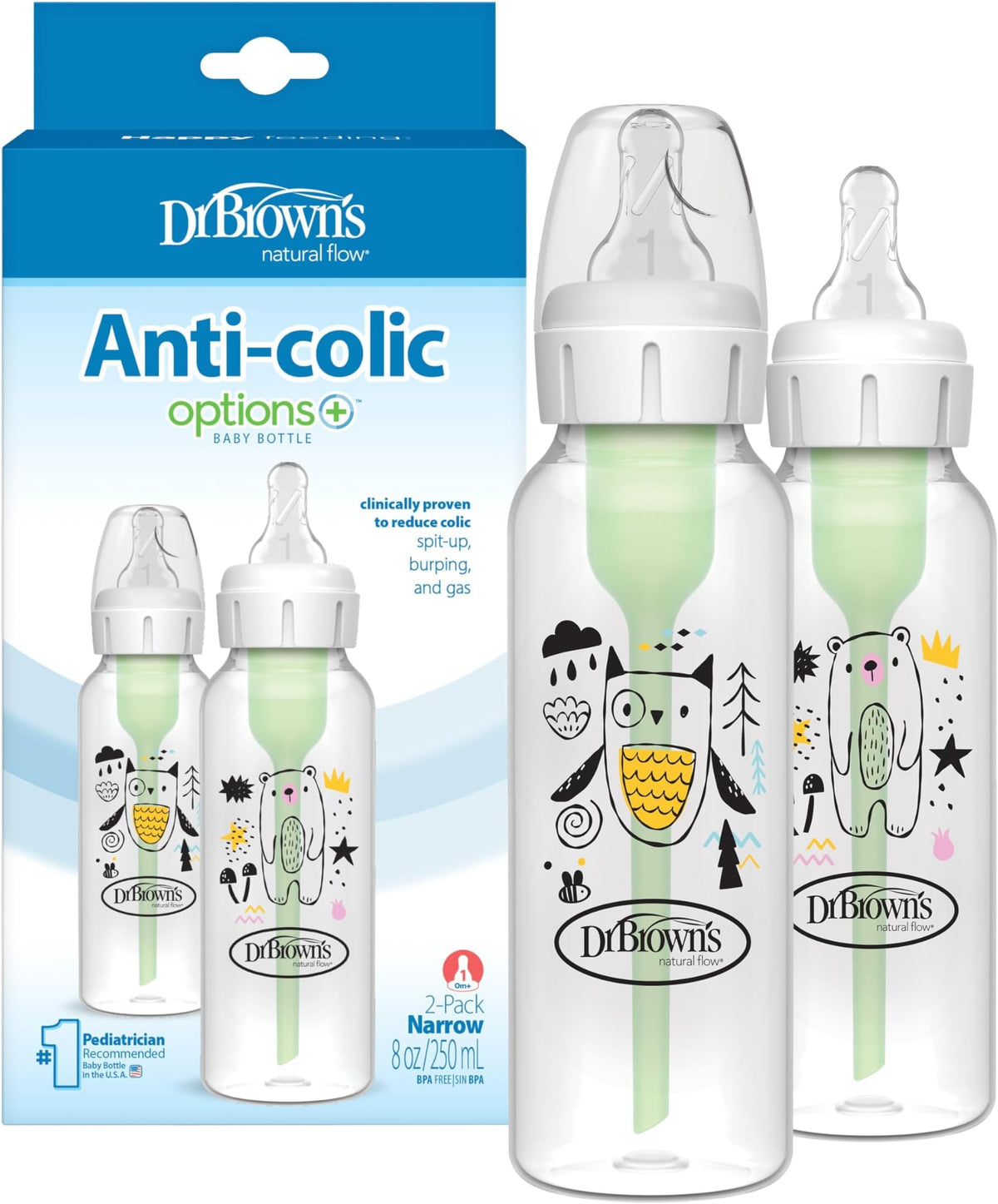 Dr. Brown's Anti-Colic Options+ Narrow Baby Bottle, Goat & Squirrel, 2-Pack