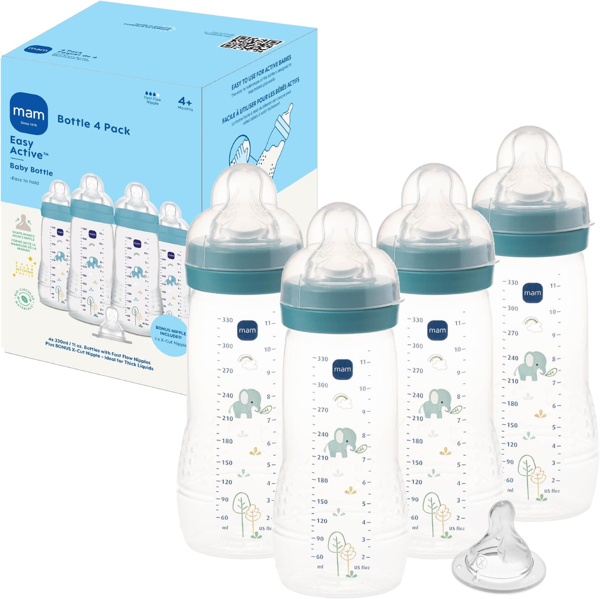 MAM 11oz Natural Flow Active Anti-Colic Baby Bottle, 4+ Mths, 2 Pack