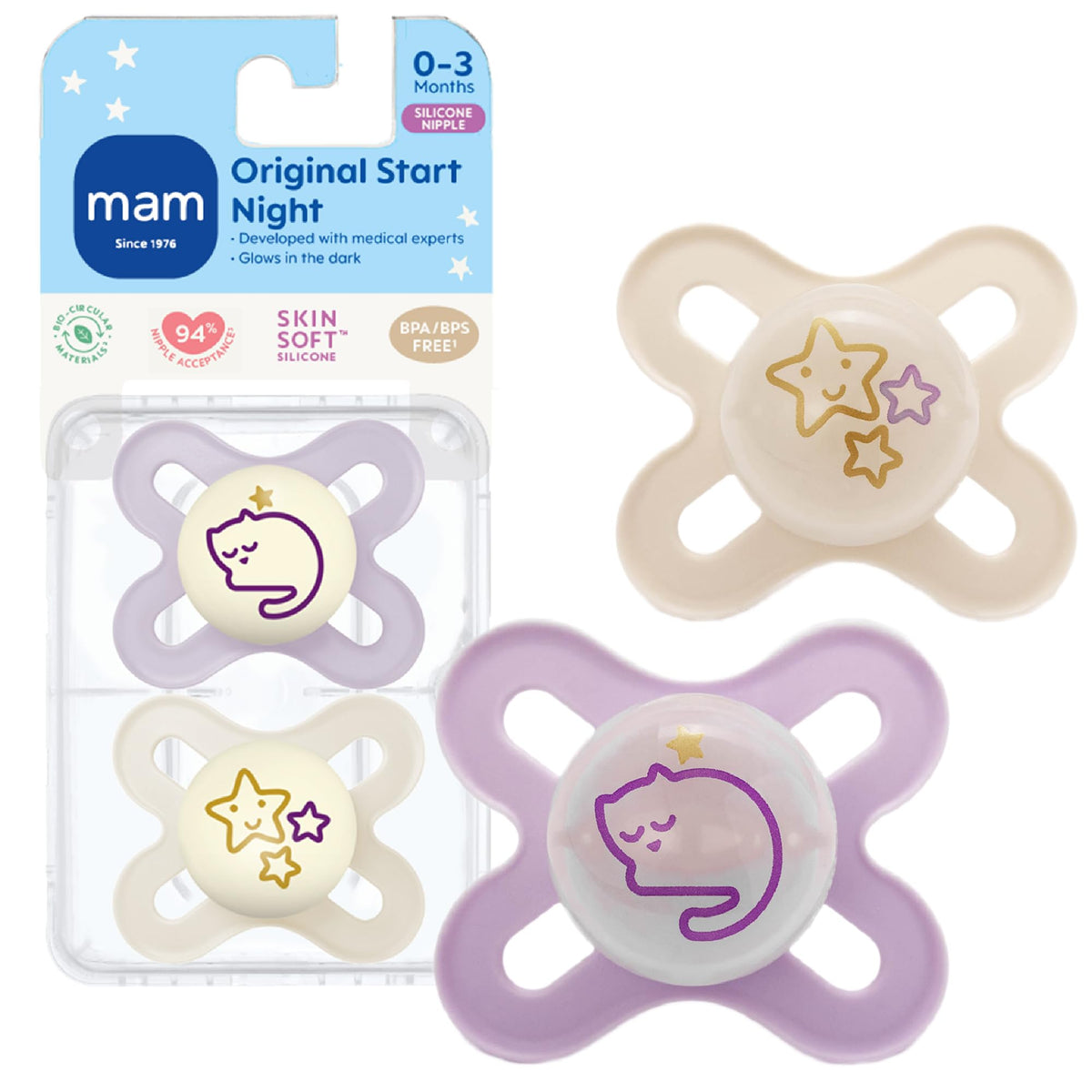 MAM Original Start Baby Pacifiers 0-3 Months, Glow in The Dark, 4 Pack