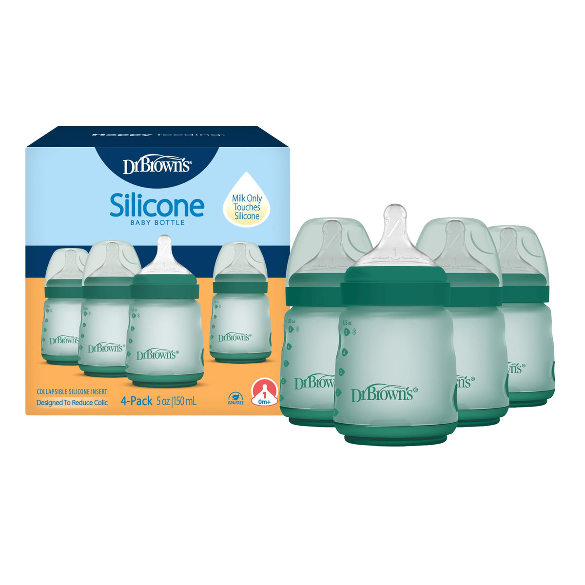 Dr. Brown's Silicone Baby Bottle, 5 oz, Level 1 Nipple, 0m+, Blue, 4-Pack