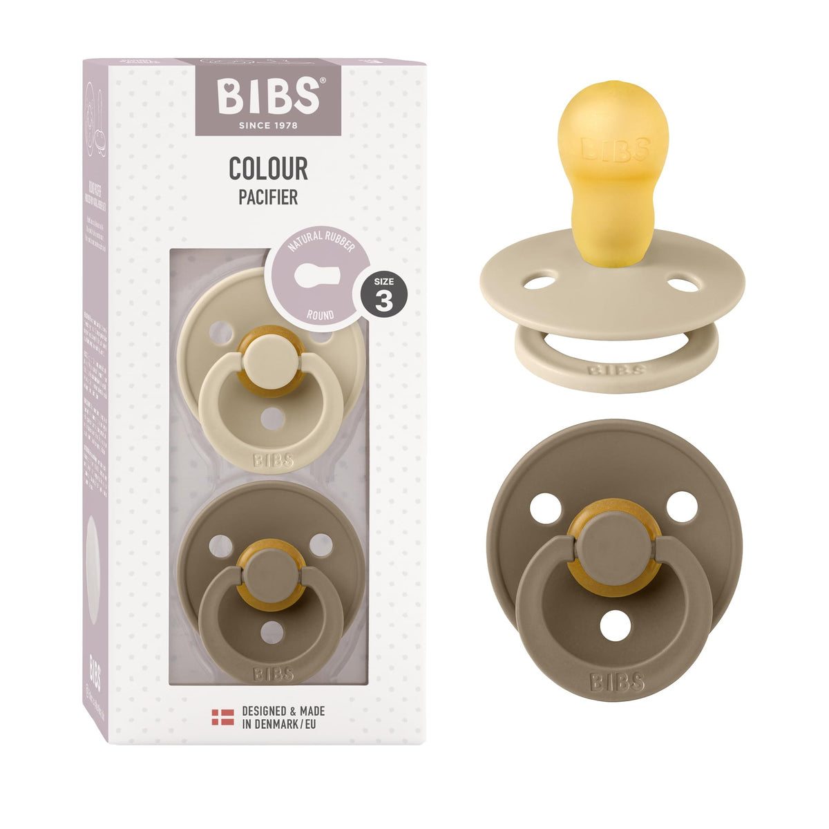 BIBS Pacifiers Colour Collection | Natural Rubber Baby Pacifier | Round Nipple | Set of 2 BPA-Free Soothers | Made in Denmark | 0+ Months (Pack of 2) | Sage/Ivory