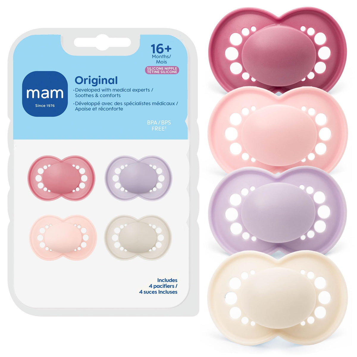 MAM Original Baby Pacifier 16+ Mths, Skin Soft Silicone Nipple, 4 Pack