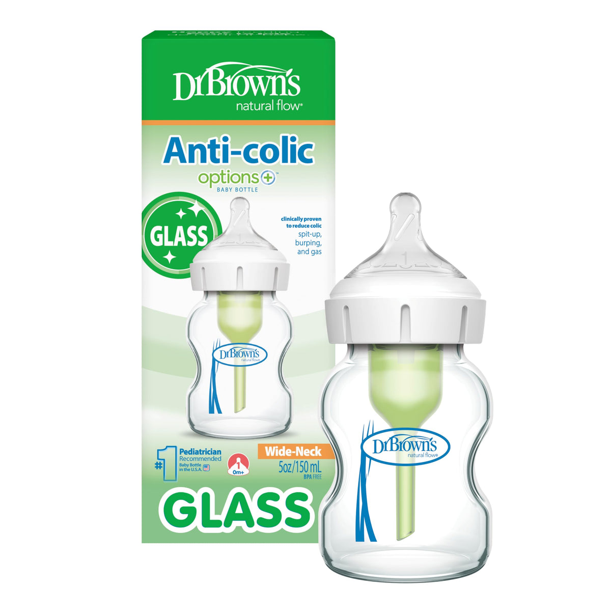 Dr. Brown's Anti-Colic Options+ Wide-Neck Glass Baby Bottle, 5 oz, 3-Pack