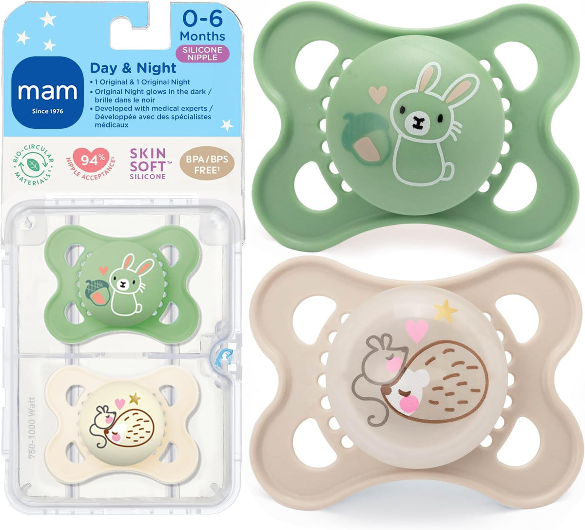 MAM Original Baby Pacifiers 0-6 Months, Glows in The Dark, 4 Pack