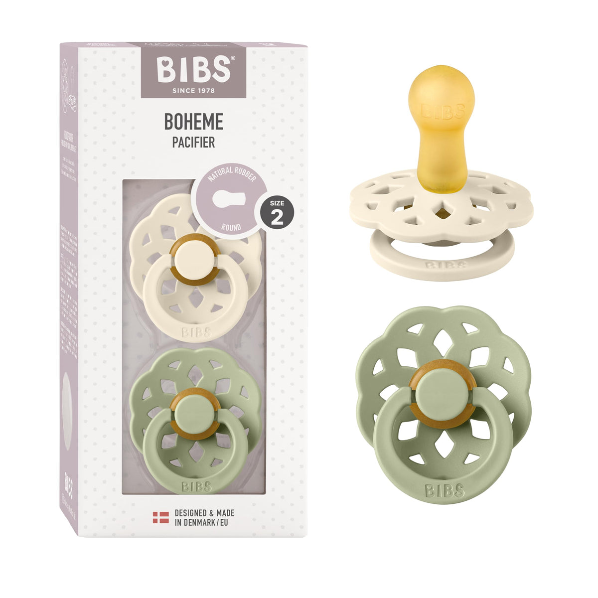 BIBS Pacifiers 6-18 Months | Boheme Collection 2-Pack | BPA-Free Round Nipple | Made in Denmark | Dusty Pink/Elderberry Color Pacifier