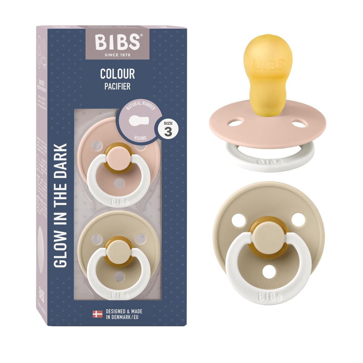 BIBS Pacifiers Colour Collection | Natural Rubber Baby Pacifier | Set of 2 BPA-Free Soothers | Made in Denmark | 0+ Months (Pack of 2) | Blush/Ivory