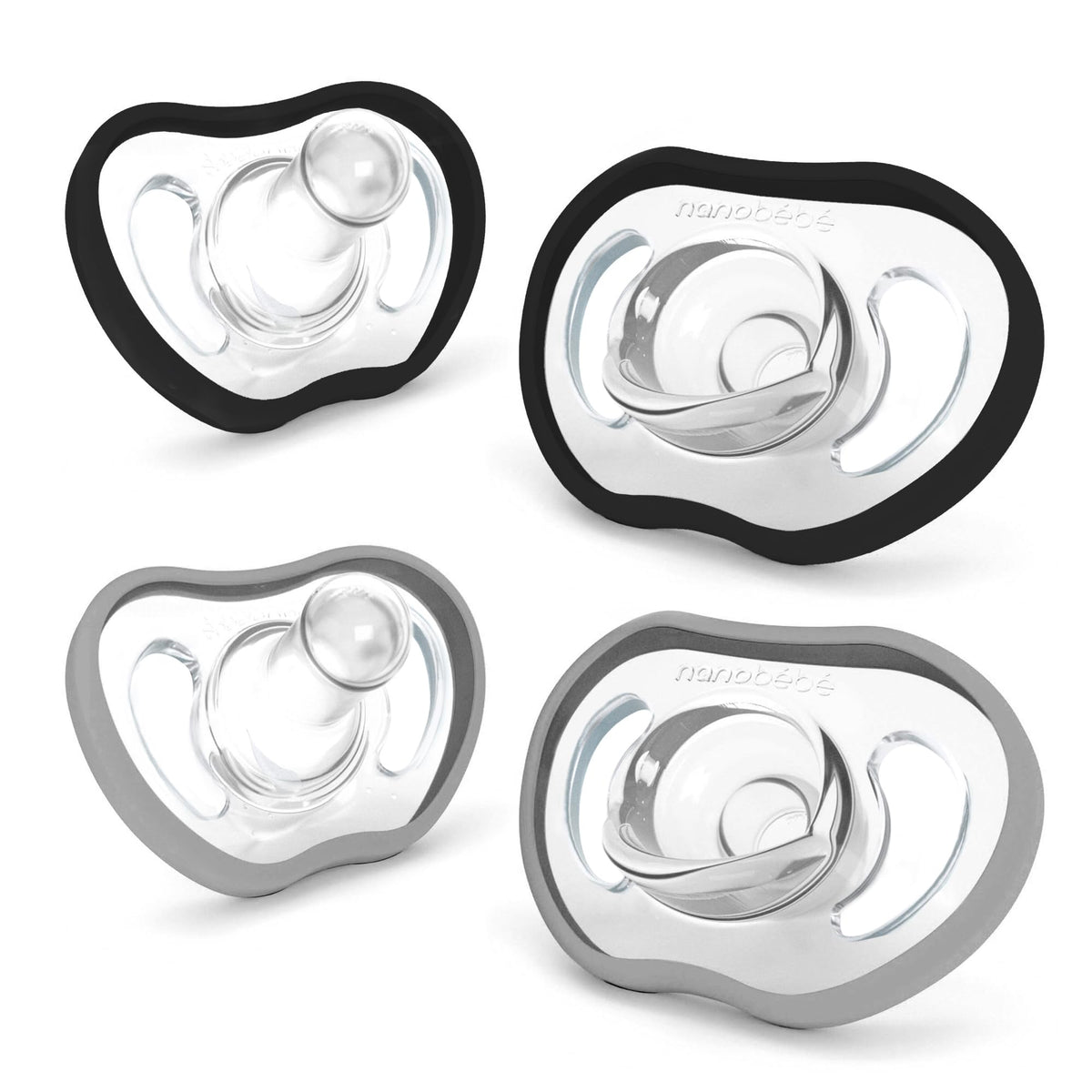 Nanobebe Baby Pacifiers 0-3 Month - Orthodontic, Curves Comfortably with Face Contour, Award Winning for Breastfeeding Babies, 100% Silicone, Baby Registry Gift 4pk,Pink/Grey