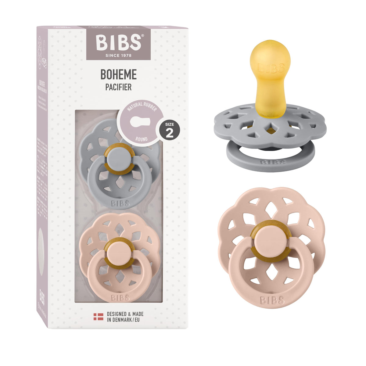 BIBS Pacifiers 6-18 Months | Boheme Collection 2-Pack | BPA-Free Round Nipple | Made in Denmark | Dusty Pink/Elderberry Color Pacifier