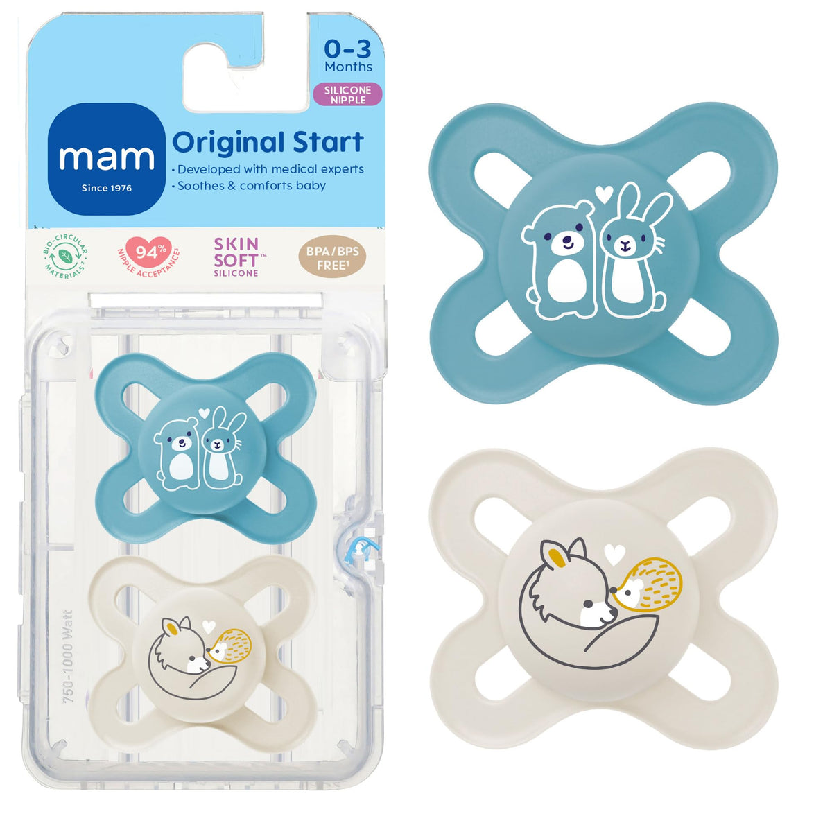 MAM Original Start Baby Pacifiers 0-3 Mths Skin Soft Silicone, 4 Pack