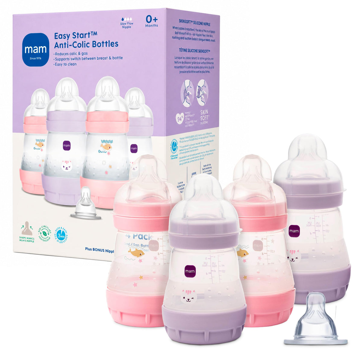 MAM 5oz Easy Start Anti-Colic+ Vented Baby Bottle, 0+ Mths, 4 Pk, Unisex