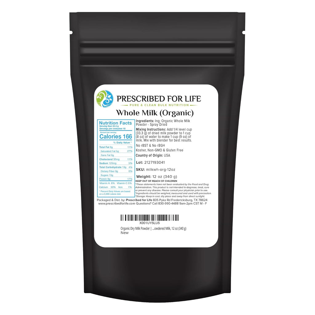 Prescribed For Life Organic Dry Milk Powder, USDA Grade A Whole Milk rBST & rBGH Free, Non GMO, Kosher, Shelf Stable Whole Milk Powder (12oz / 340g)