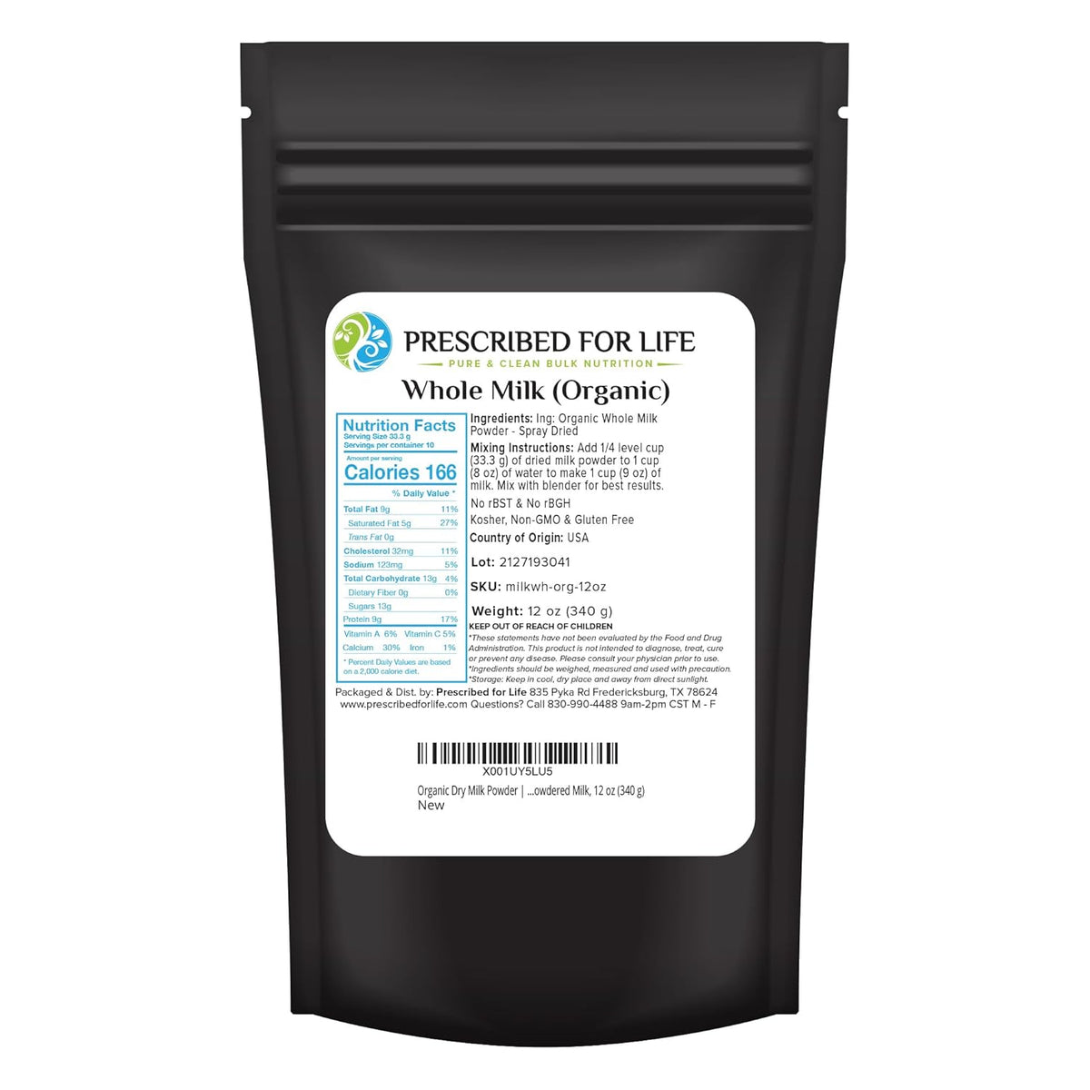 Prescribed For Life Organic Dry Milk Powder, USDA Grade A Whole Milk rBST & rBGH Free, Non GMO, Kosher, Shelf Stable Whole Milk Powder (12oz / 340g)
