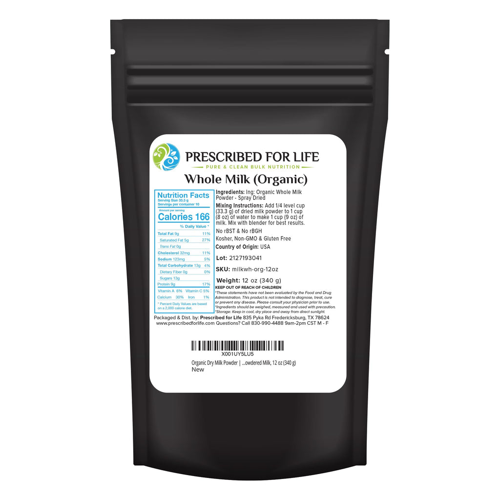 Prescribed For Life Organic Dry Milk Powder, USDA Grade A Whole Milk rBST & rBGH Free, Non GMO, Kosher, Shelf Stable Whole Milk Powder (12oz / 340g)