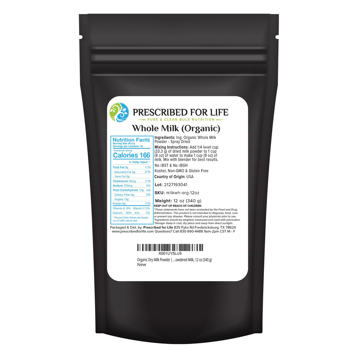 Prescribed For Life Organic Dry Milk Powder, USDA Grade A Whole Milk rBST & rBGH Free, Non GMO, Kosher, Shelf Stable Whole Milk Powder (12oz / 340g)