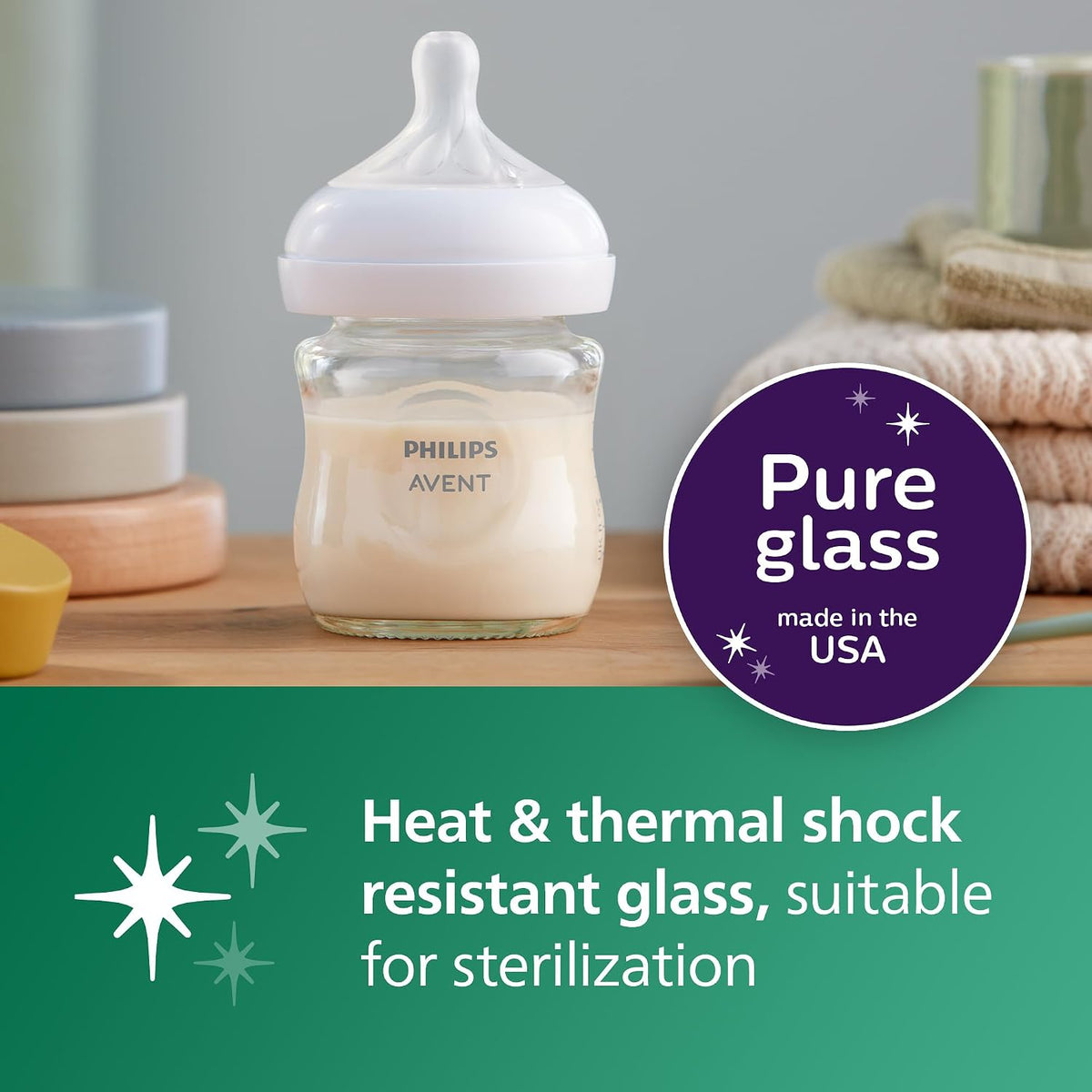 Philips Avent Natural Glass Baby Bottle, Slow Flow, 4 oz, BPA-Free, 1-Pack