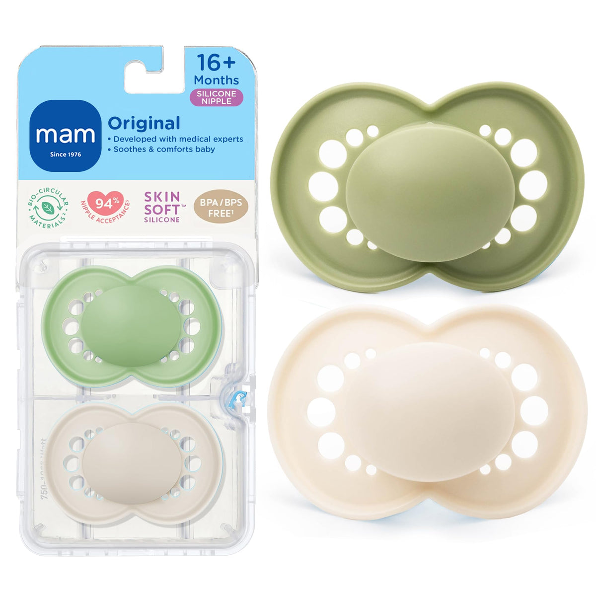 MAM Original Baby Pacifier 16+ Mths, Skin Soft Silicone Nipple, 4 Pack