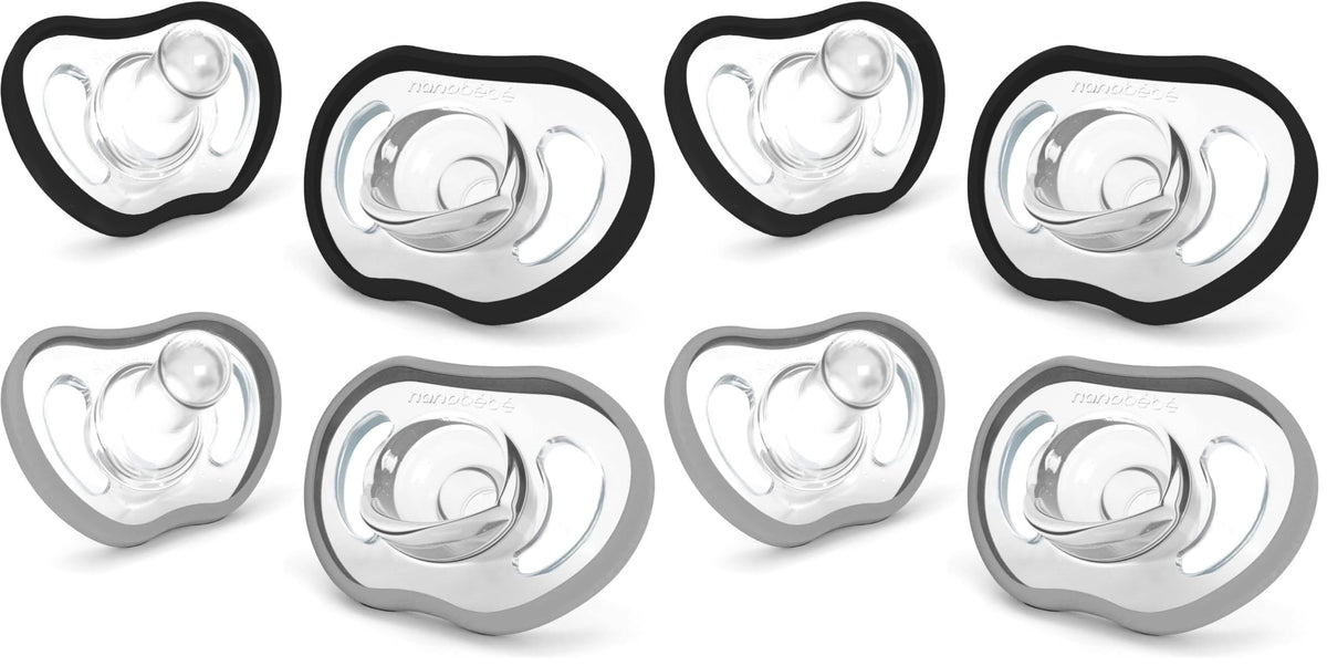 Nanobebe Baby Pacifiers 0-3 Month - Orthodontic, Curves Comfortably with Face Contour, Award Winning for Breastfeeding Babies, 100% Silicone, Baby Registry Gift 4pk,Pink/Grey